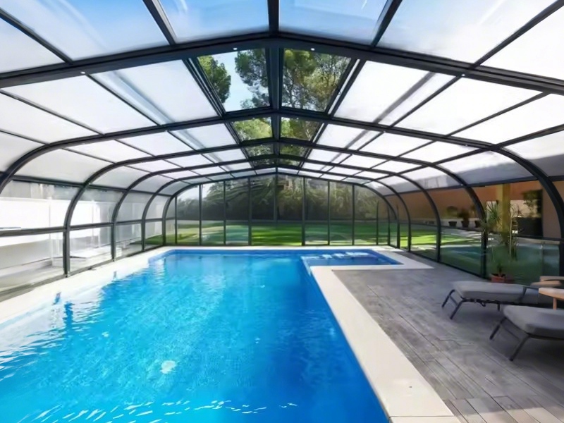 Steel And Glass Garden Greenhouse With Swimming Pool